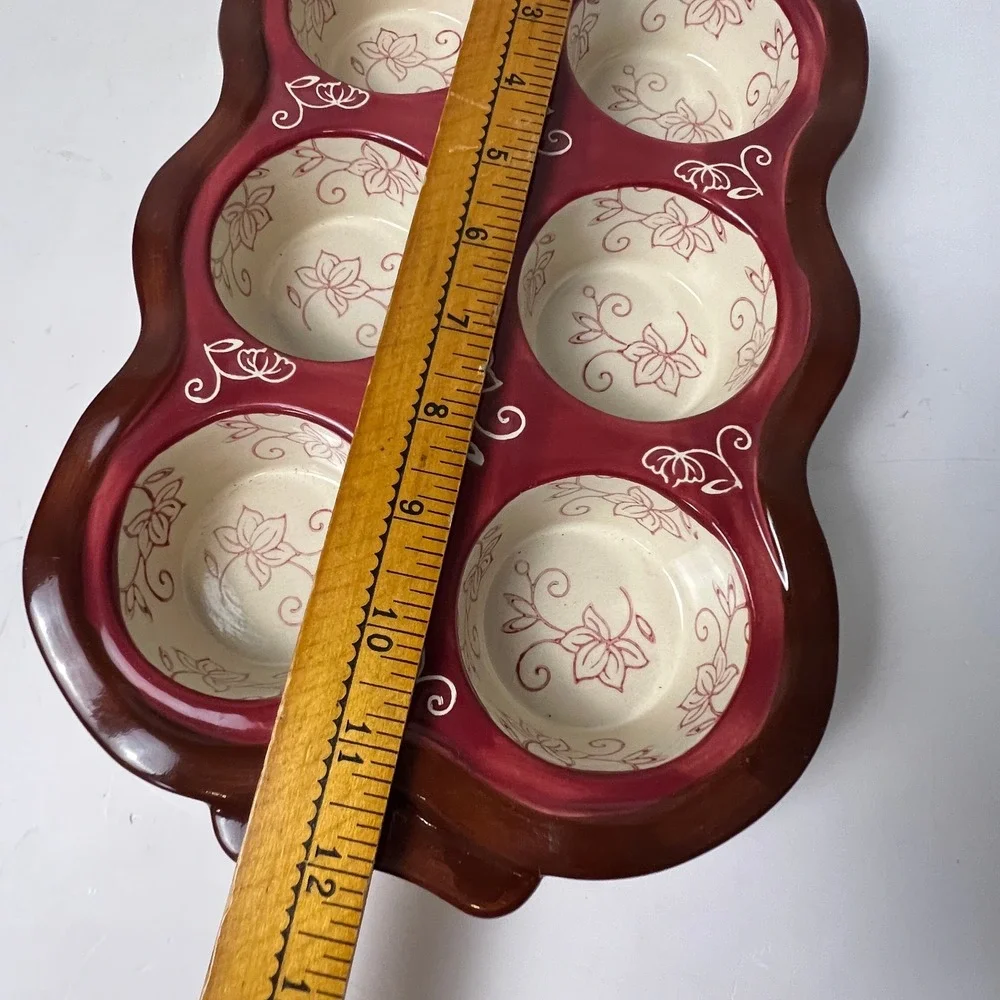 Temp-tations Muffin Pan 6 Cup Cranberry Red Floral Lace Ceramic Stoneware Baker